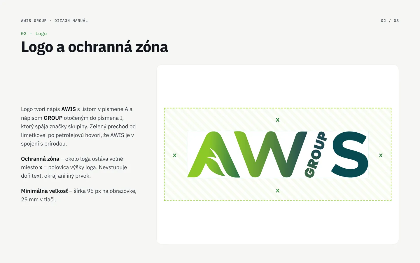 Strana manuálu: logo AWIS group s vyznačenou ochrannou zónou