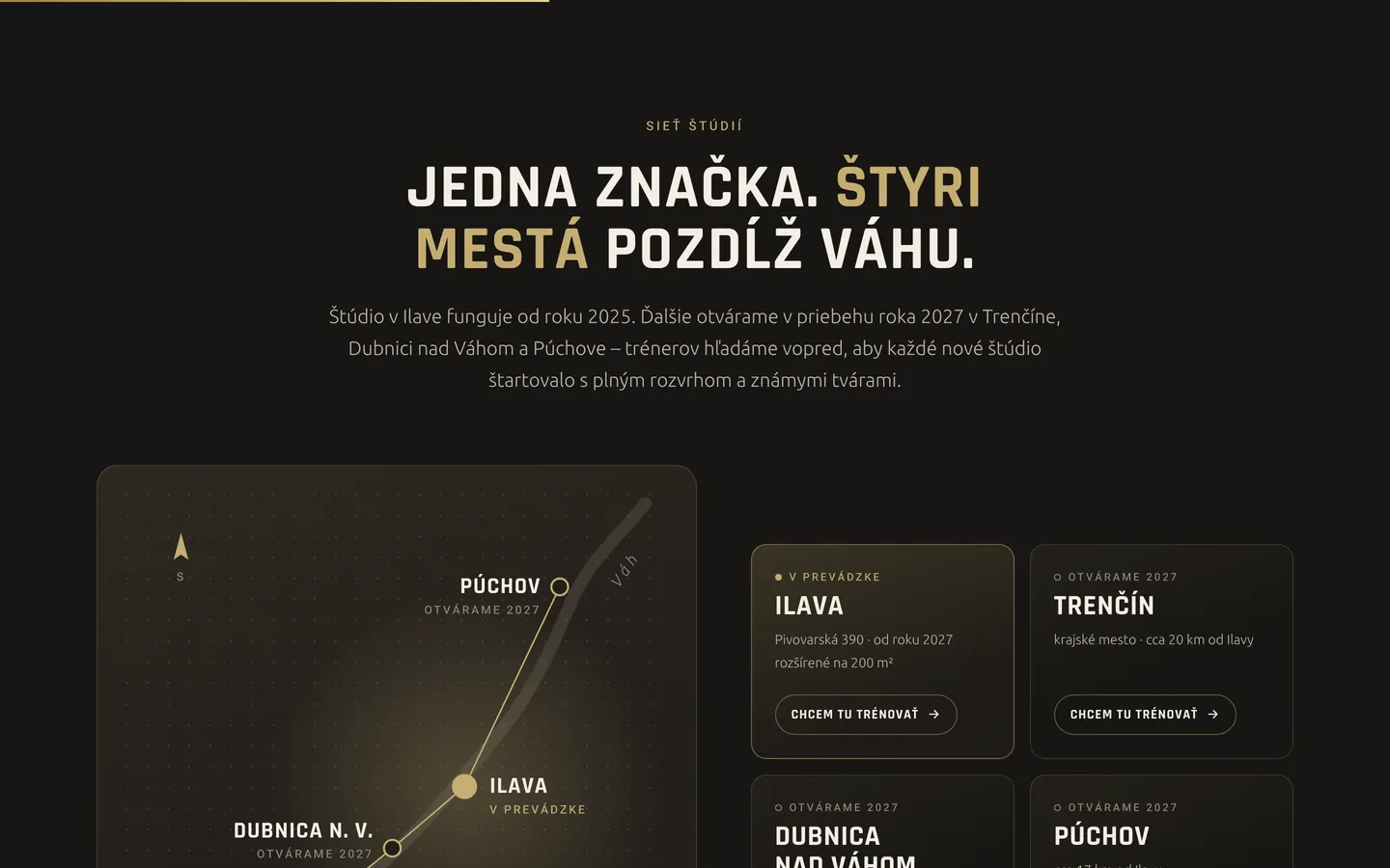 Mapa siete štúdií fitplus.studio v Ilave, Trenčíne, Dubnici nad Váhom a Púchove
