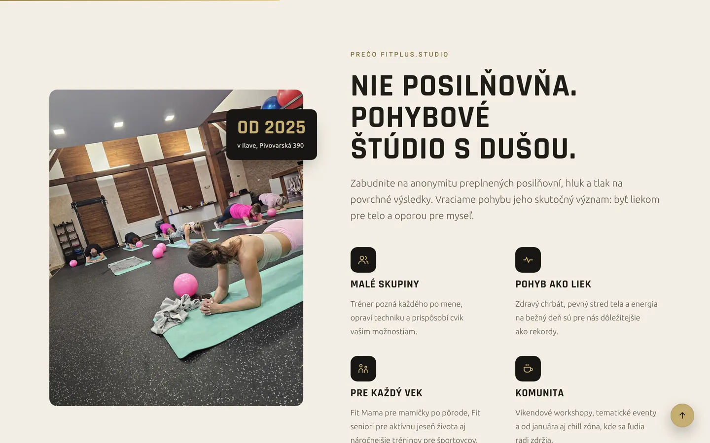 Sekcia „Nie posilňovňa. Pohybové štúdio s dušou.“ na webe fitplus.studio