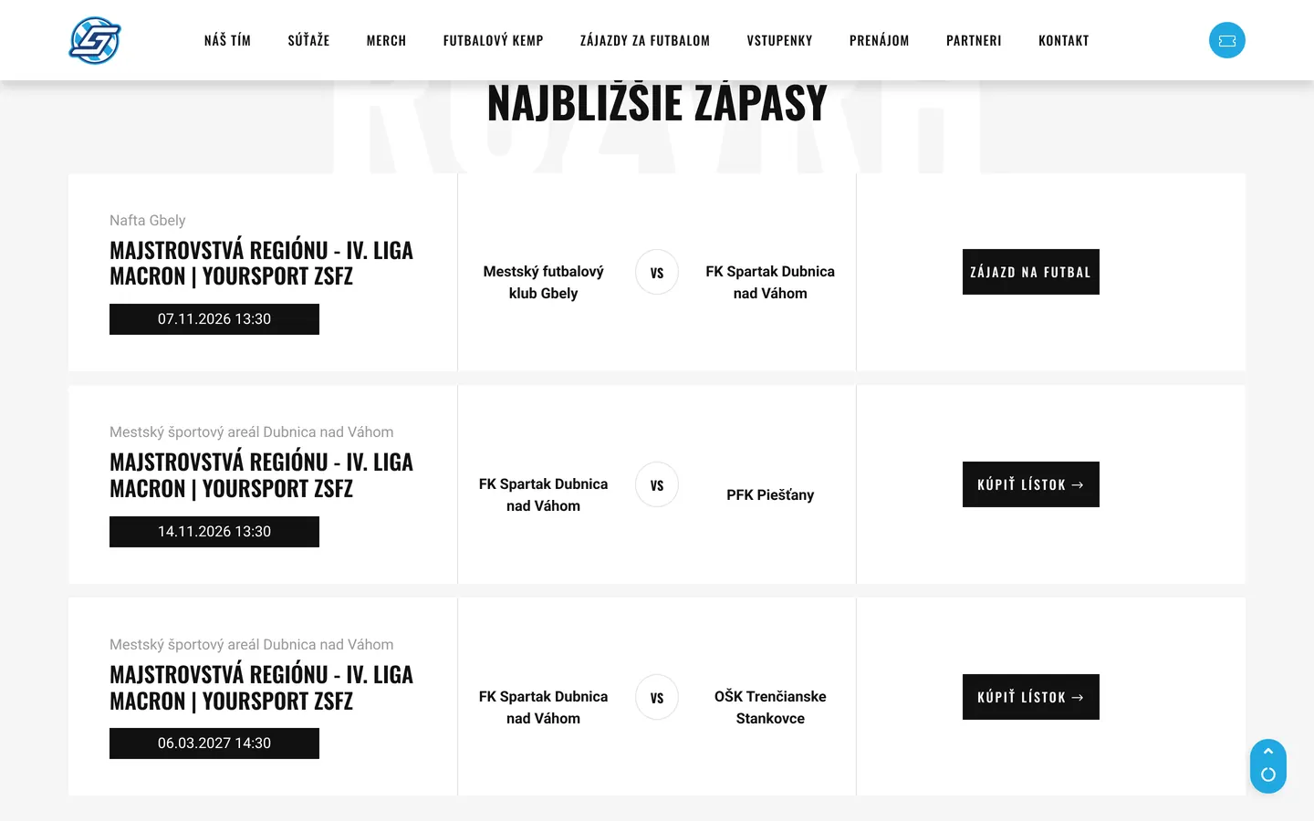 Najbližšie zápasy s tlačidlami Kúpiť lístok a Zájazd na futbal