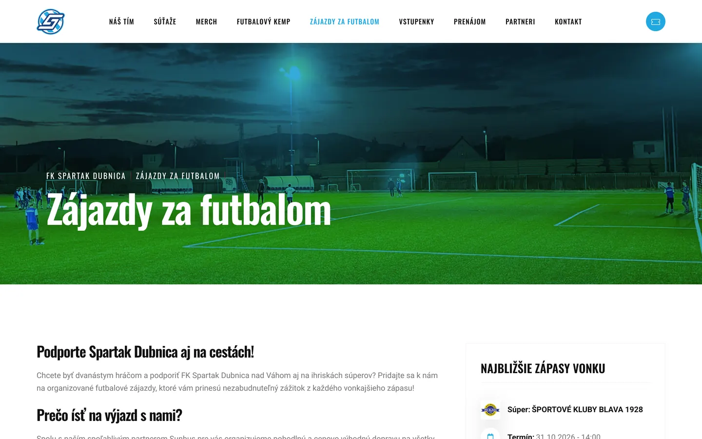 Stránka Zájazdy za futbalom s najbližšími zápasmi vonku