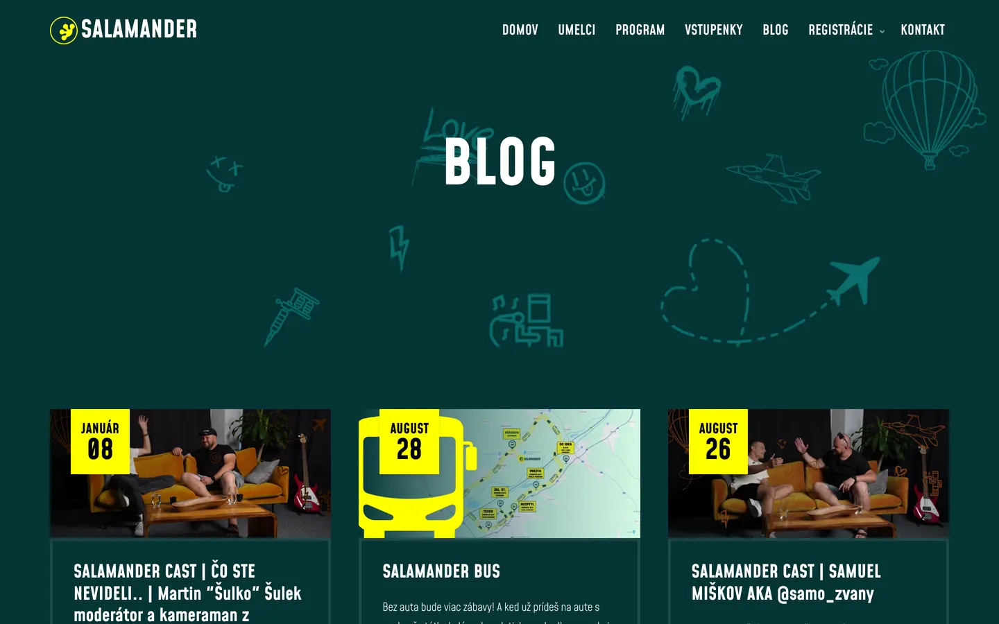 Blog na webe salamander.fun s dielmi podcastu a článkom o SALAMANDER BUS