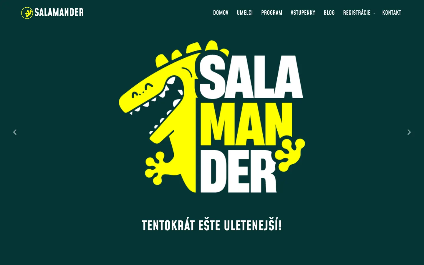 Úvod webu salamander.fun so žltým maskotom a claimom Tentokrát ešte uletenejší