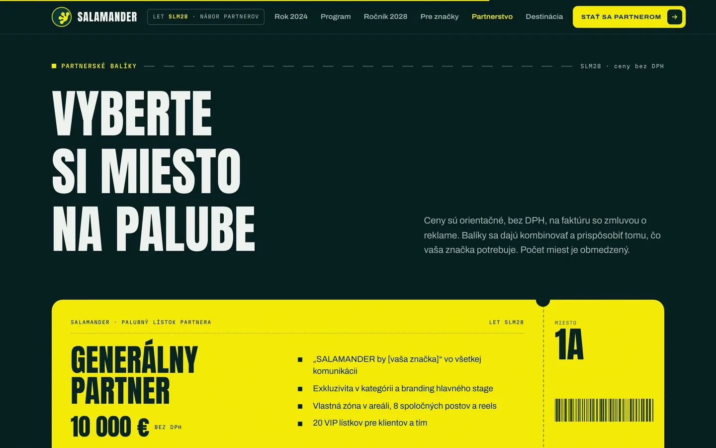 Partnerské balíky ako palubné lístky na webe 2028.salamander.fun