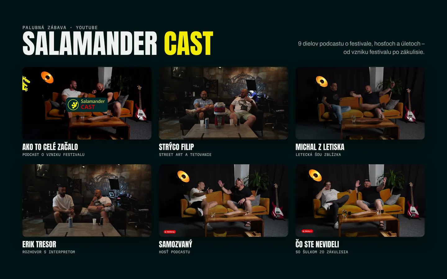Náhľady dielov podcastu SALAMANDER CAST na YouTube